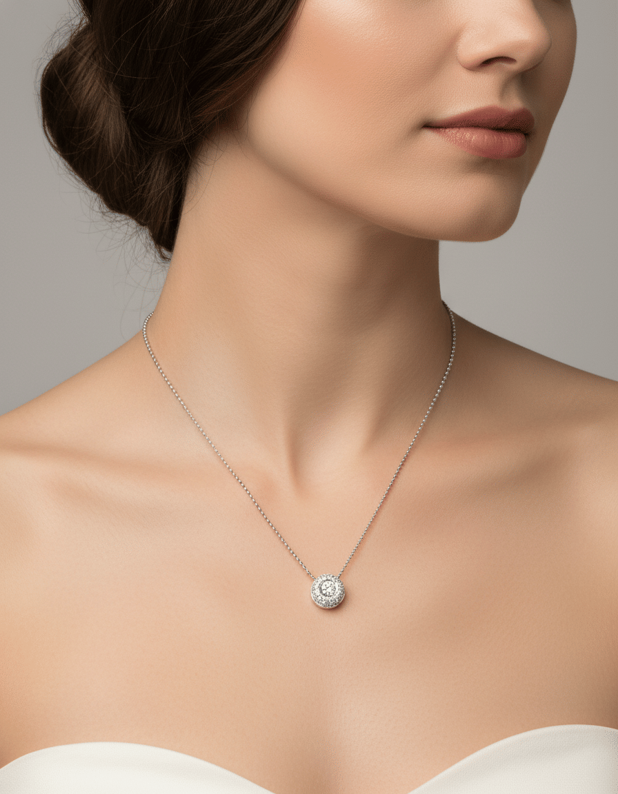 Catenina a palline con ciondolo punto luce e diamanti laterali in oro bianco-3