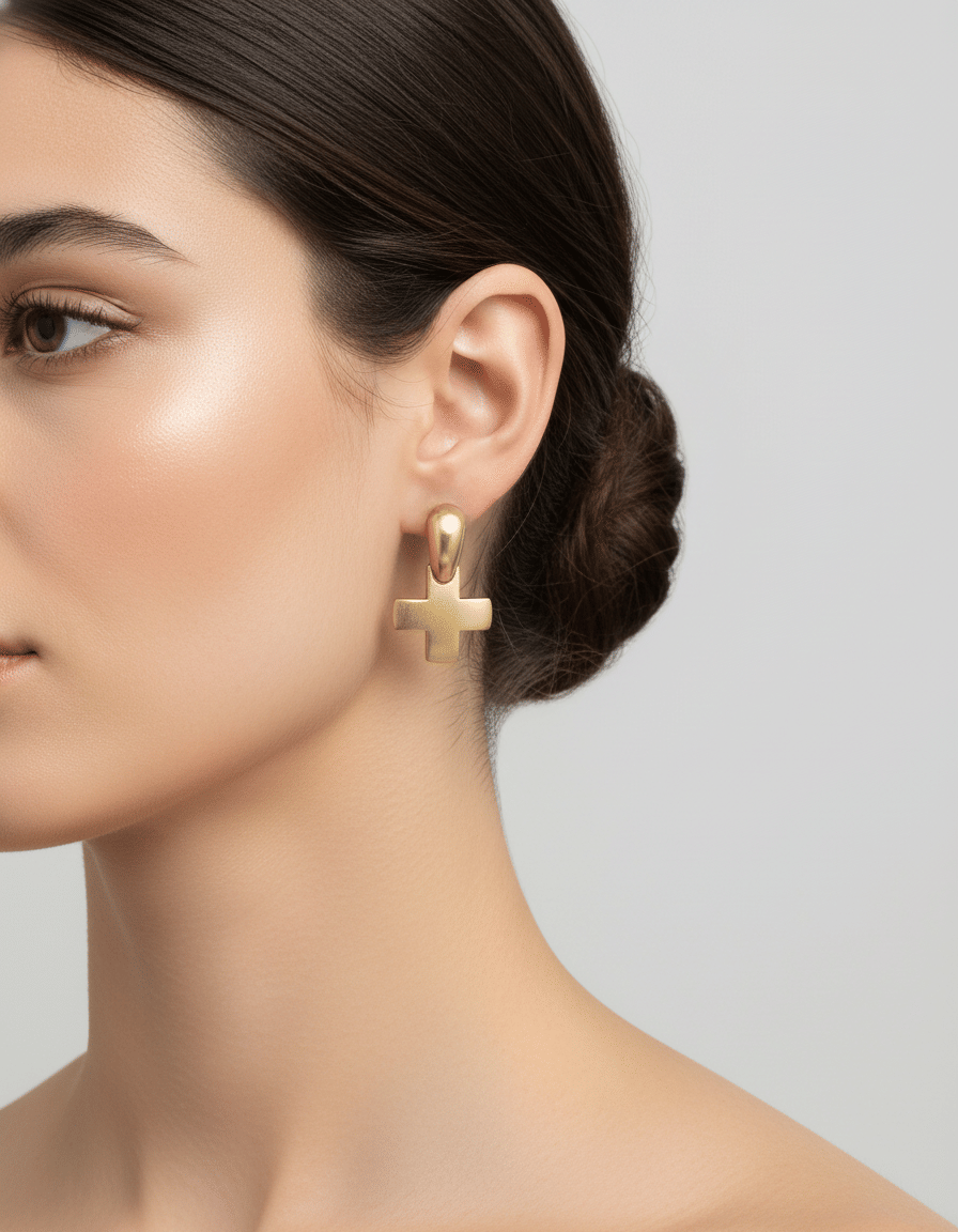 Orecchini pendenti pomellato lucidi e satinati con croce in oro giallo-3