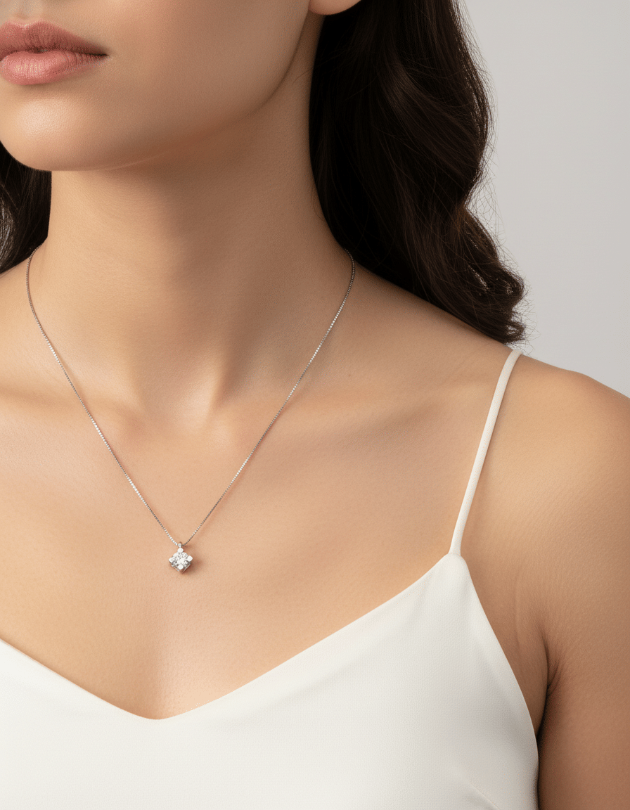 Catenina punto luce in oro bianco con castone tornito a rombo e diamante 0,13ct-3