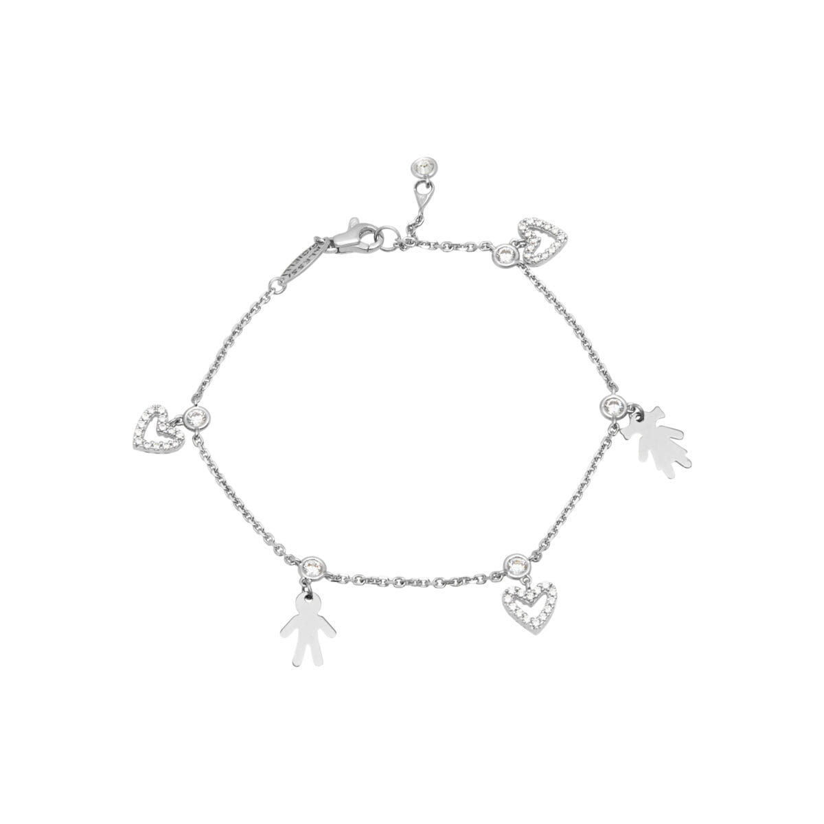 Bracciale in oro bianco con ciondoli bimba bimbo con cuoricini in zirconi-1
