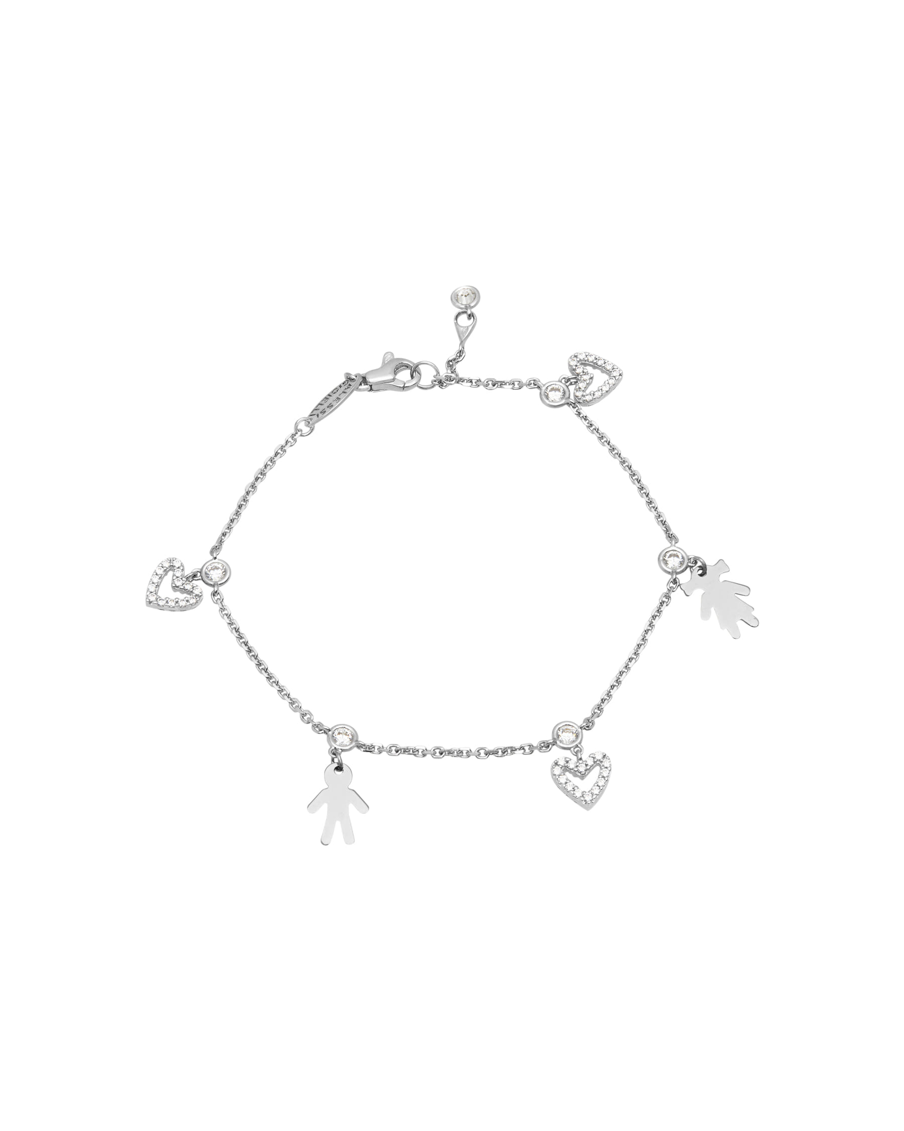 Bracciale in oro bianco con ciondoli bimba bimbo con cuoricini in zirconi-1