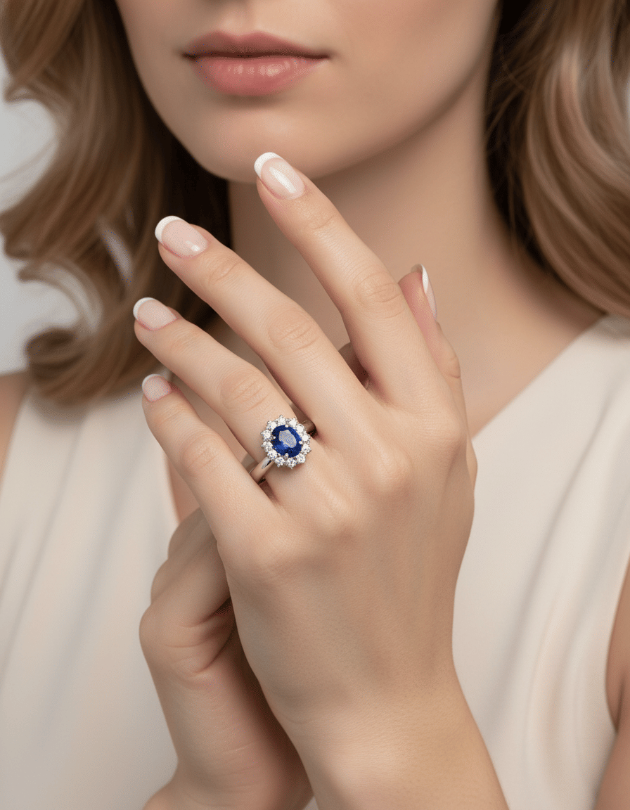 Anello fiore recarlo in oro bianco con zaffiro centrale e giro di diamanti-5