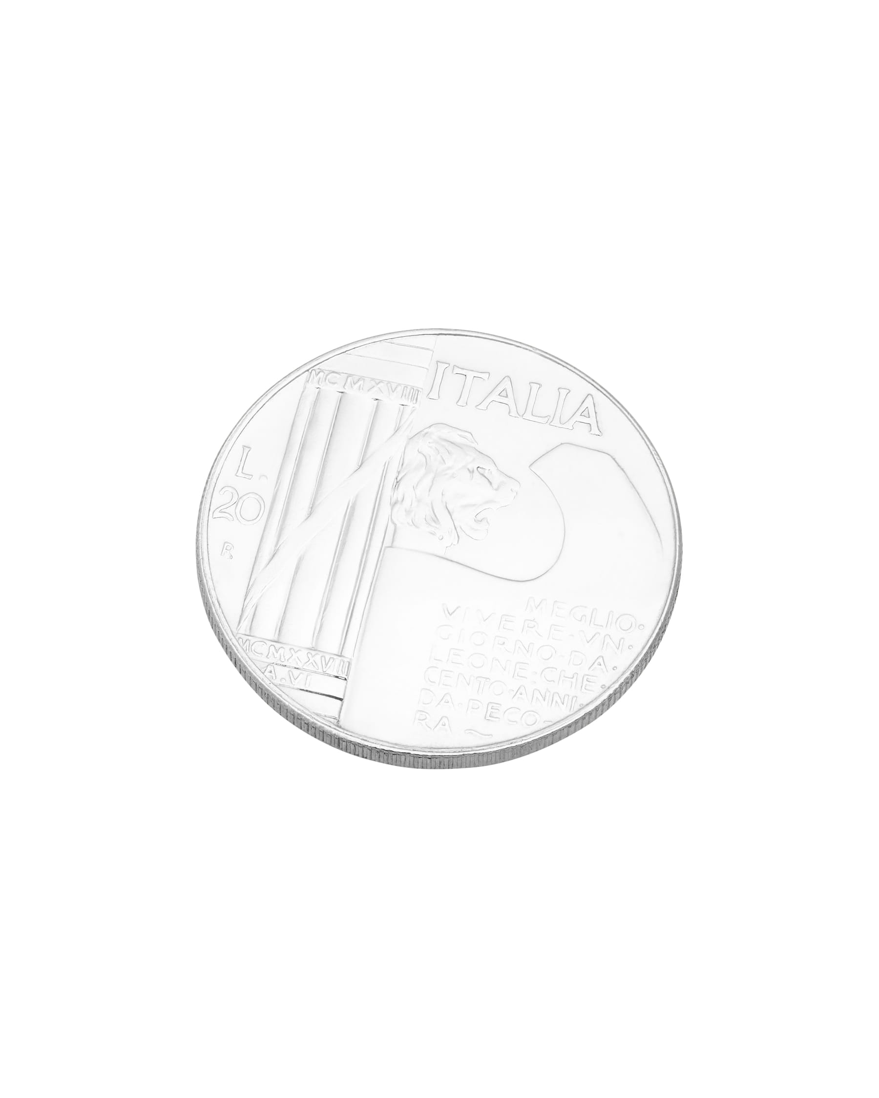 Medaglia 20 lire in argento con ritratto benito mussolini e scritta "meglio vivere un giorno da leoni che cento da pecora"-2