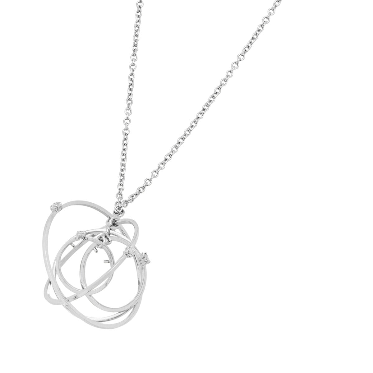 Collana alfieri in oro bianco e ciondolo con cerchi mobili e punto luce di diamanti-1