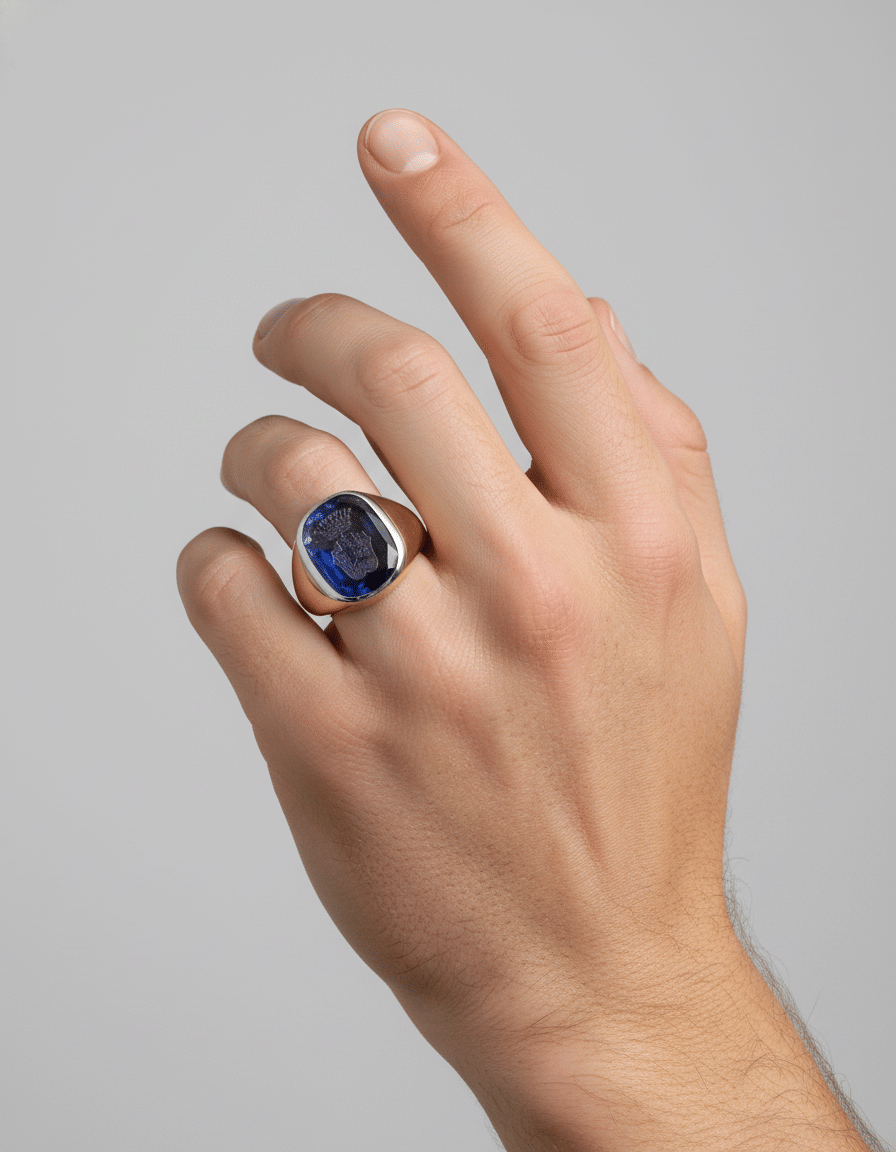 Anello sigillo oro bianco e giallo con tanzanite e stemma centrale-4