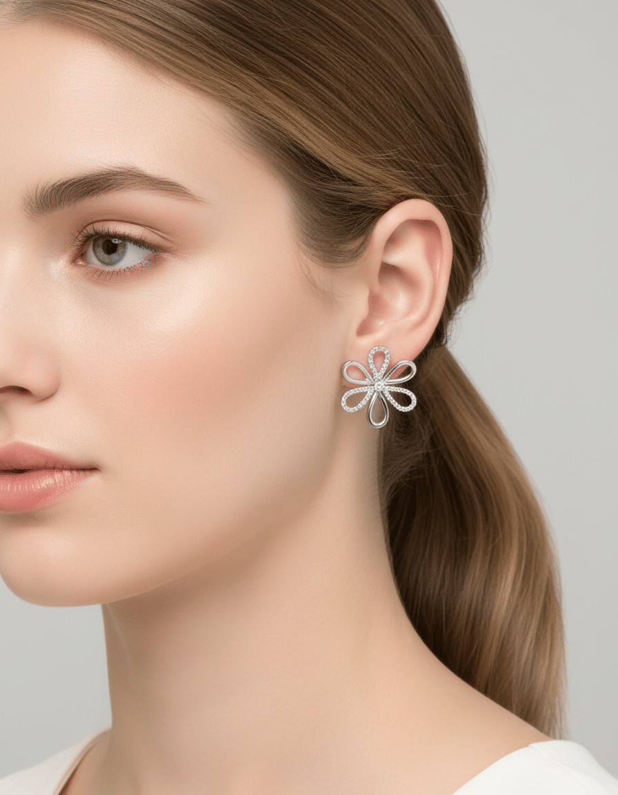 Orecchini fiore in oro bianco con diamanti-3