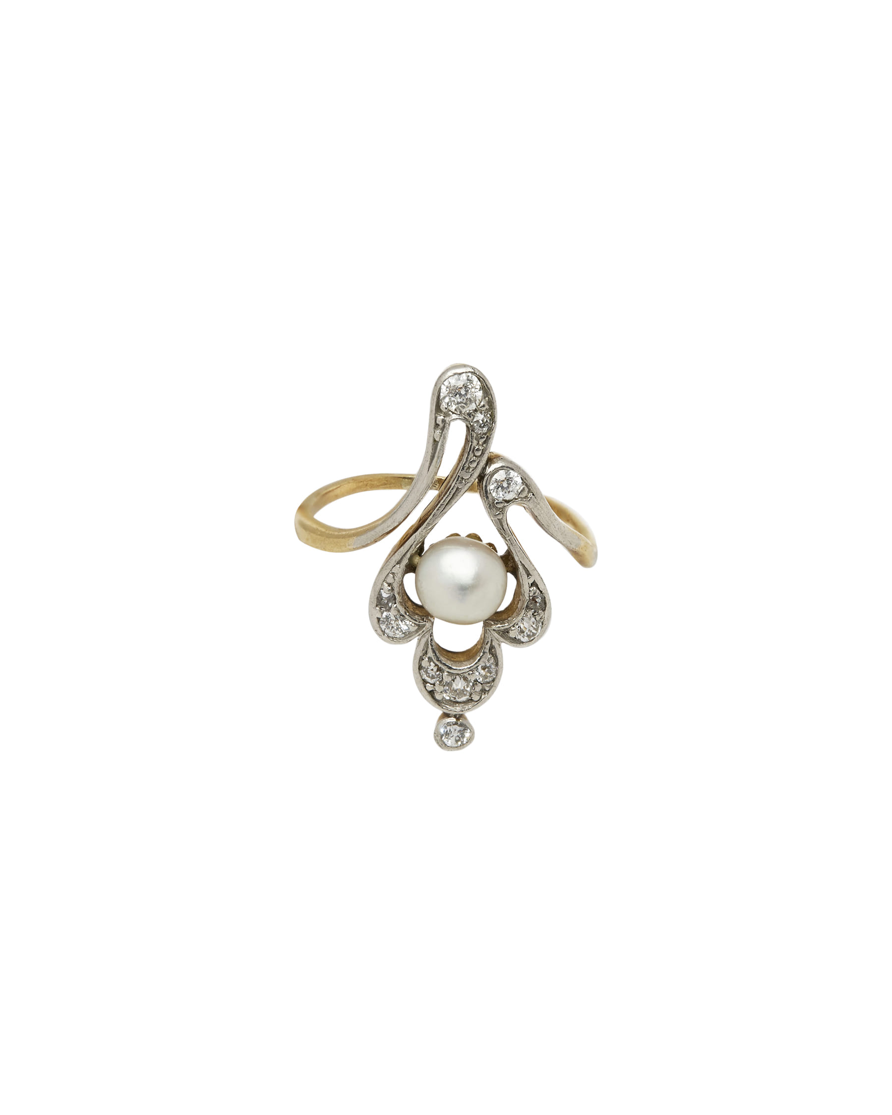 Anello antico con perla centrale e diamanti antico in oro giallo e argento-1