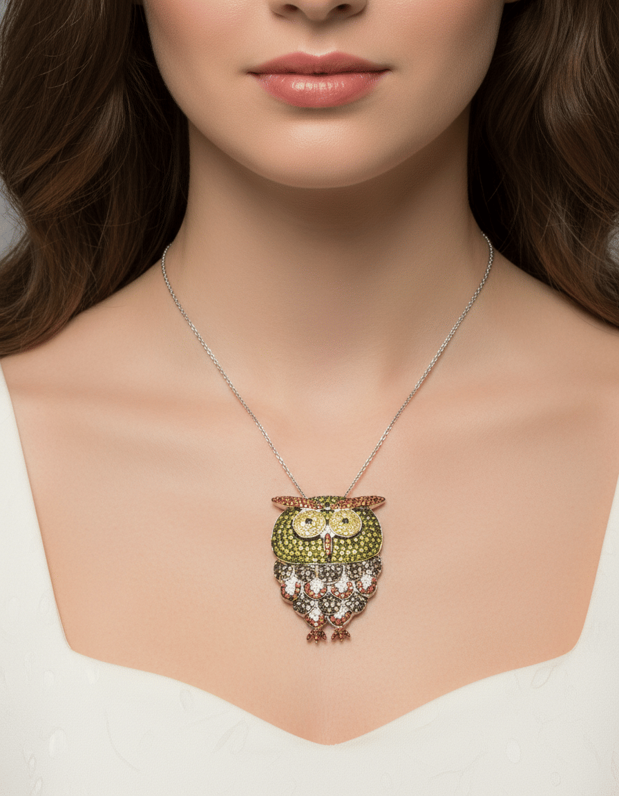 Collana torchon con ciondolo gufo big e zirconie colorate in argento-3