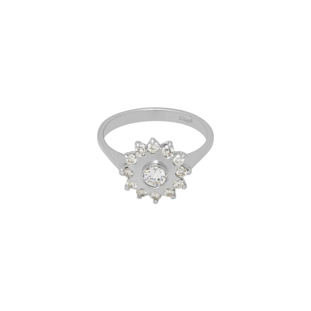 Anello margherita in oro bianco con diamante centrale e diamanti laterali-1