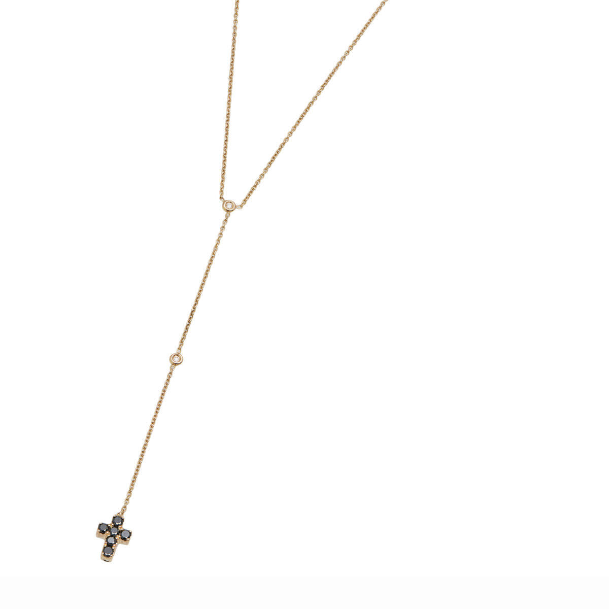 Collana rosario in oro rosa con punti luce e ciondolo croce double face con diamanti brown e black-1