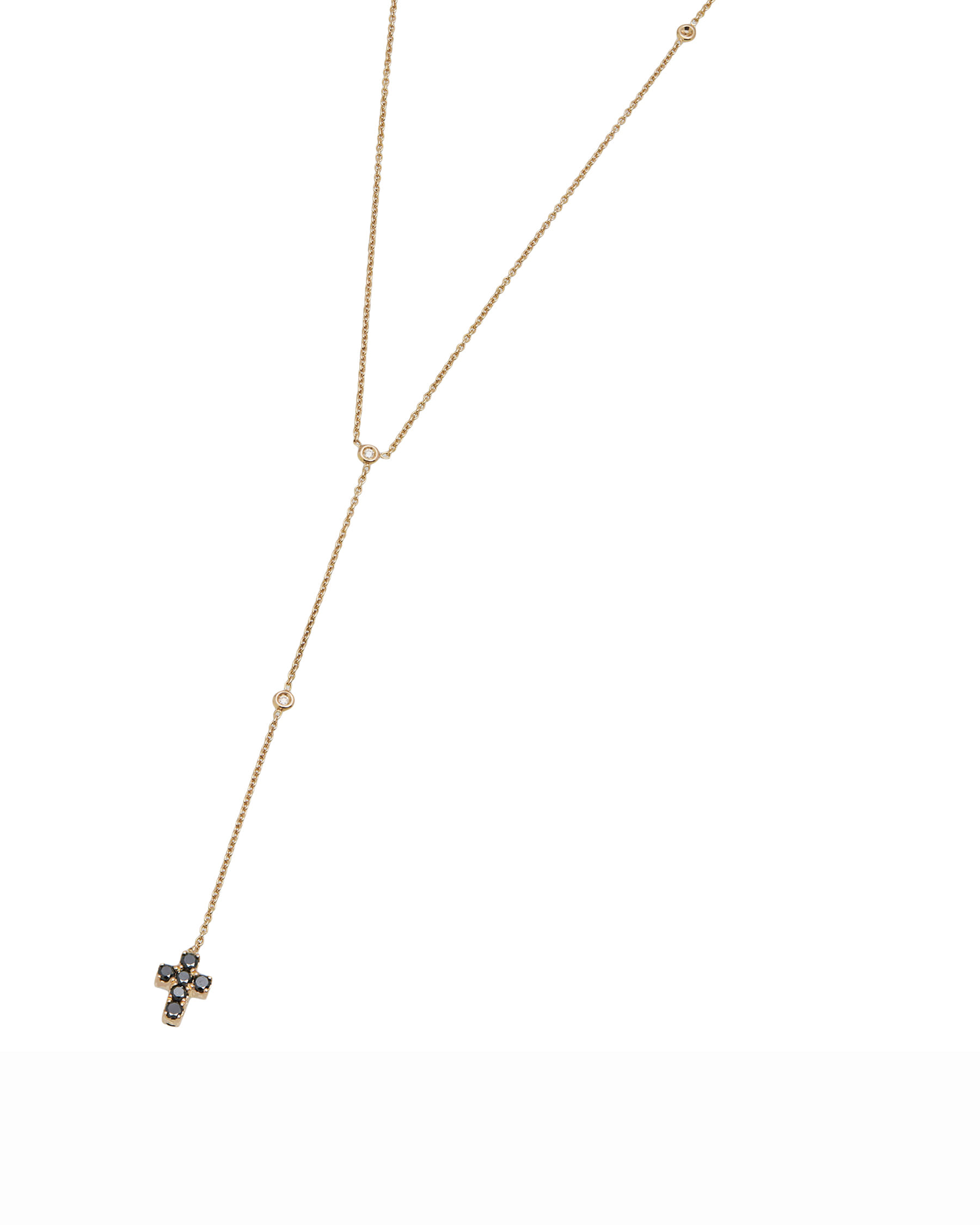 Collana rosario in oro rosa con punti luce e ciondolo croce double face con diamanti brown e black-1