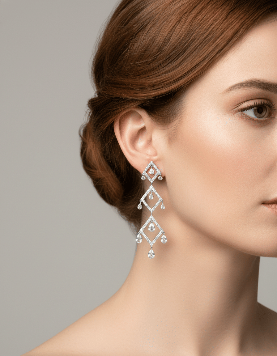 Orecchini pendenti con elementi a rombo e gocce in oro bianco e diamanti-3