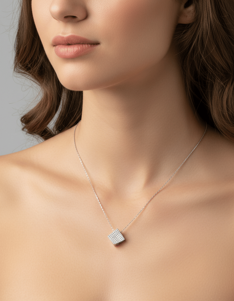 Catenina a chicchi con ciondolo rombo tridimensionale in oro bianco e pavè di diamanti-3