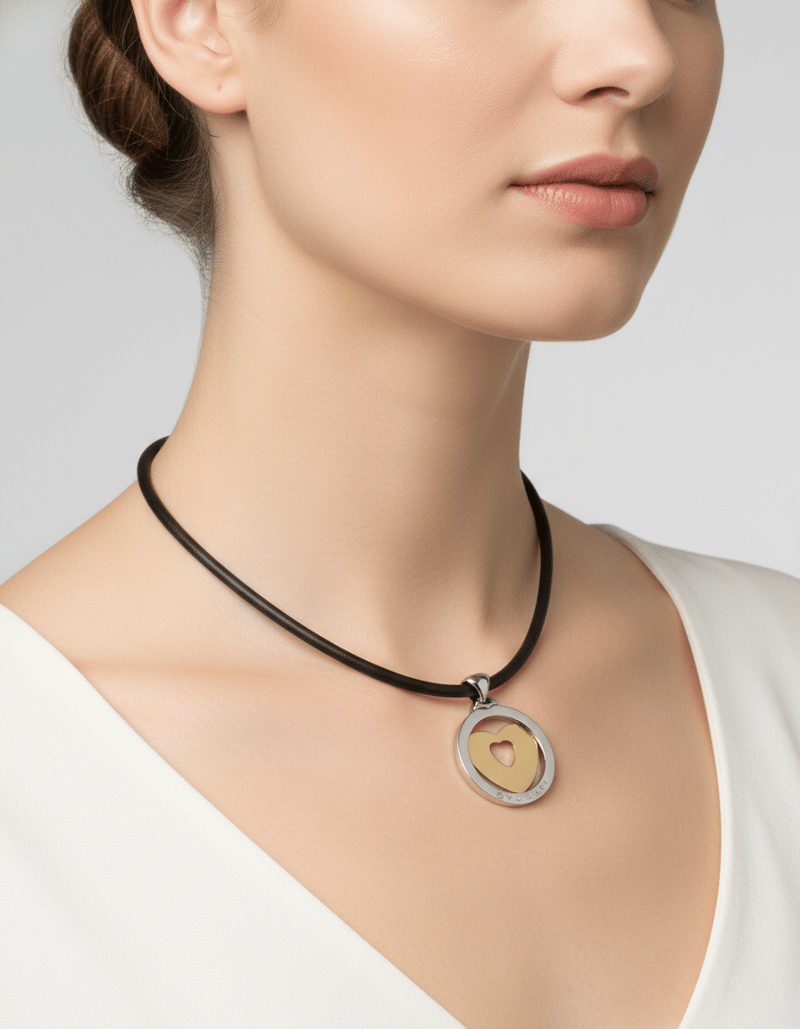 Collana con ciondolo bulgari cuore grande in acciaio e oro giallo-3