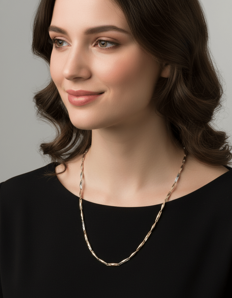 Collana maglia chicchi di riso in oro giallo e bianco-3