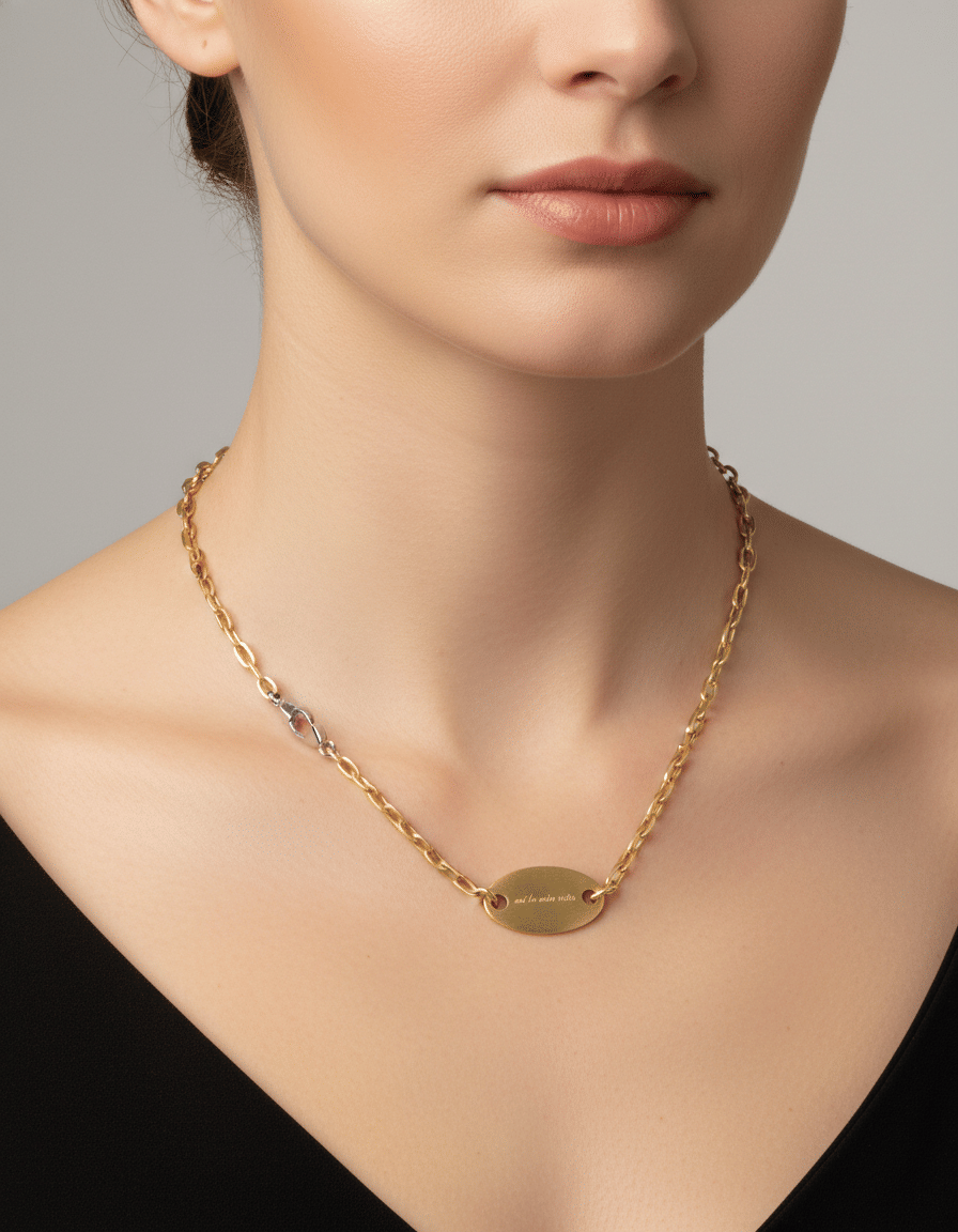 Collana catena pomellato con piastra ovale in oro giallo e bianco-3