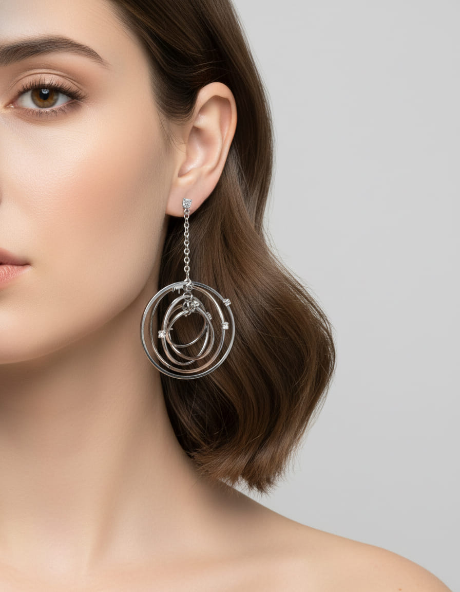 Orecchini pendenti alfieri in oro bianco con cerchi mobili e punto luce di diamanti-3