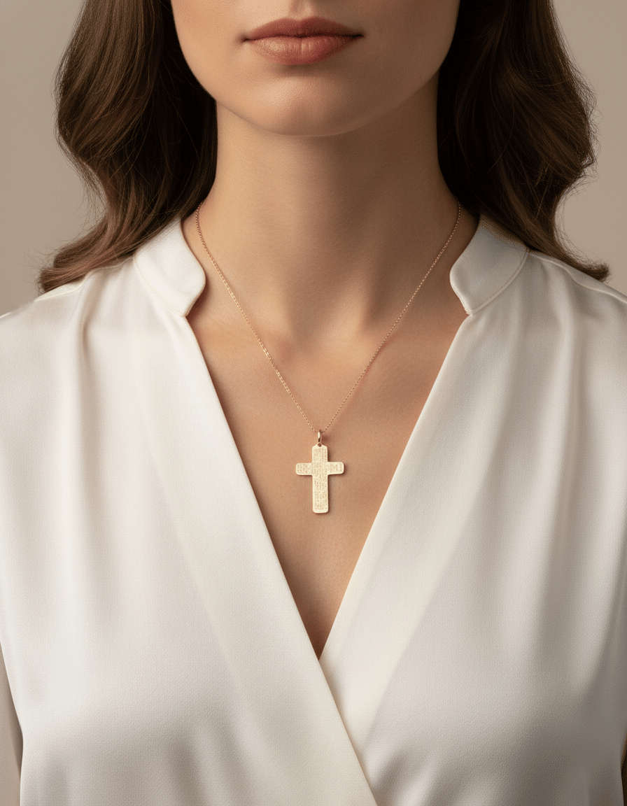 Ciondolo croce in oro giallo con inciso il padre nostro-3