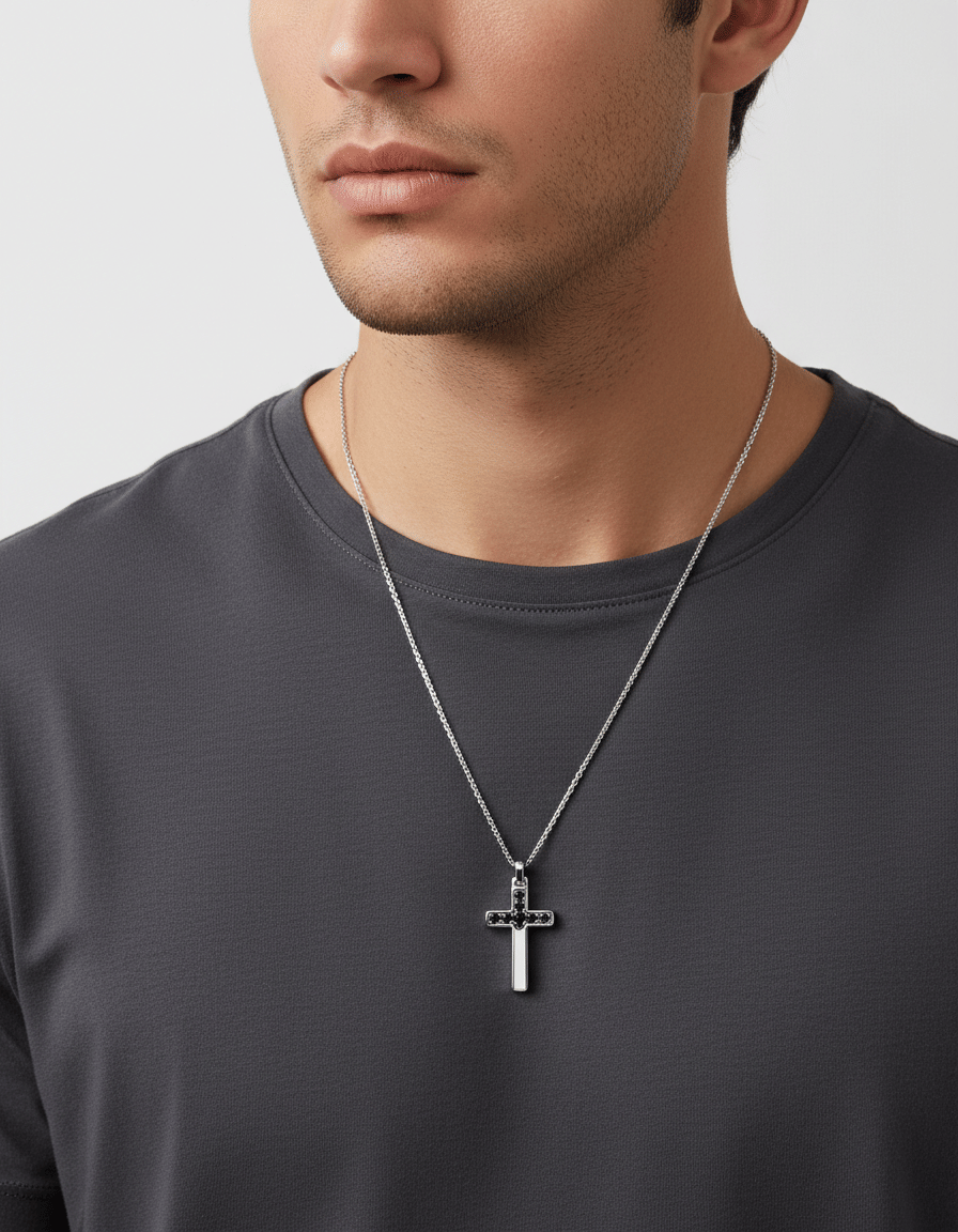 Collana zancan in argento con pendente a croce e spinelli neri-3