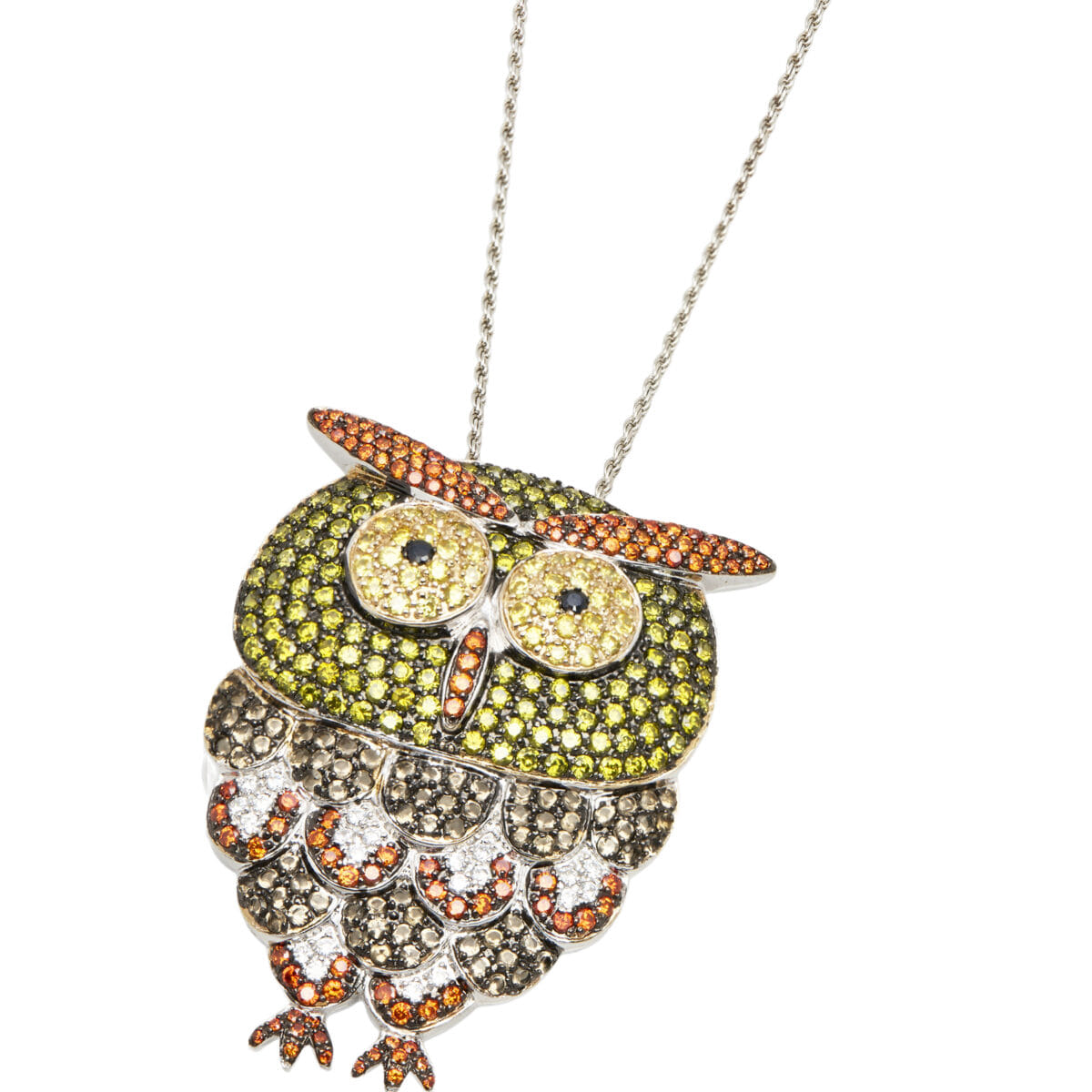 Collana torchon con ciondolo gufo big e zirconie colorate in argento-1