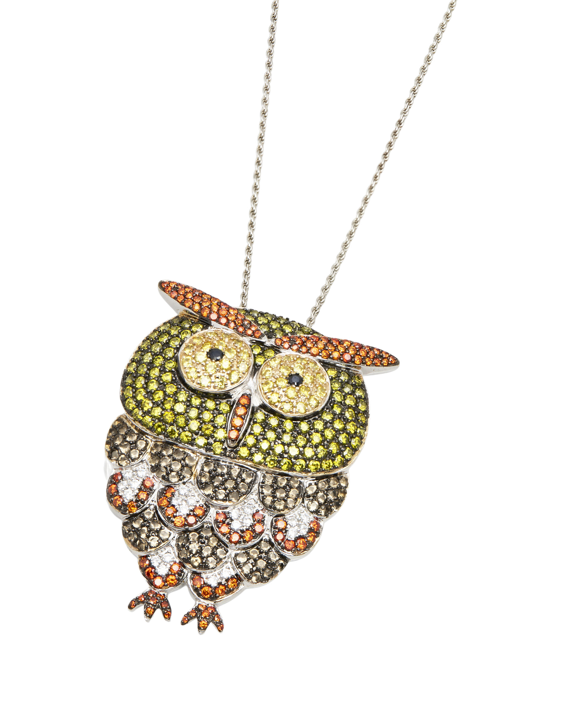 Collana torchon con ciondolo gufo big e zirconie colorate in argento-1