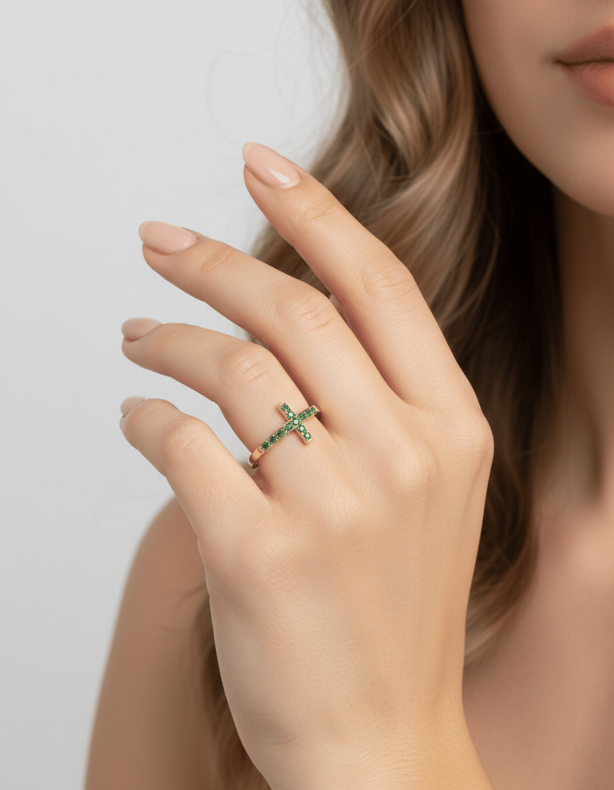 Anello croce aperto in oro giallo con tsavorite-3