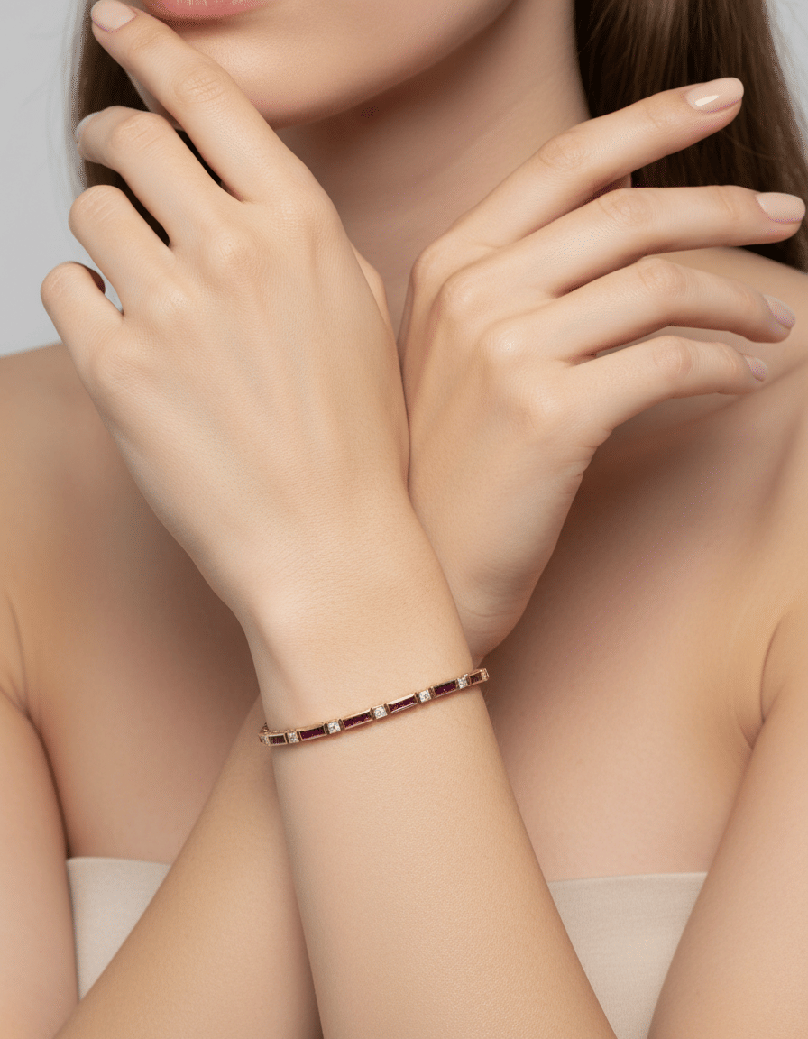 Bracciale tennis oro giallo con rubini carré e diamanti-3