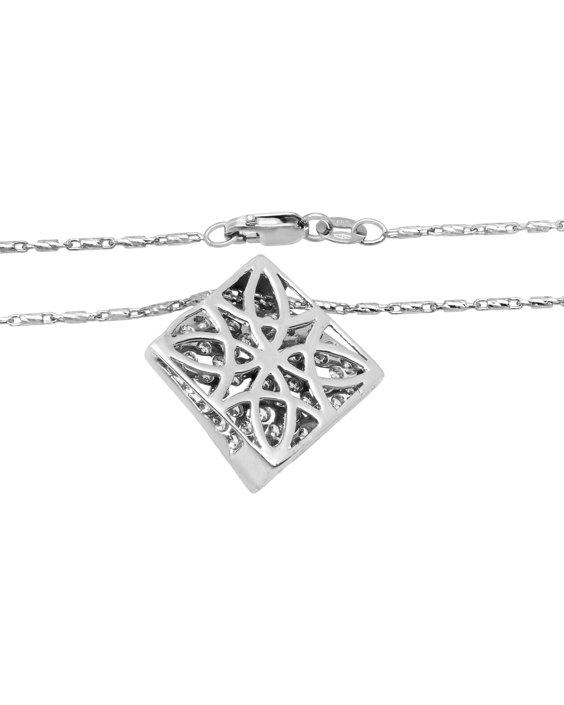 Catenina a chicchi con ciondolo rombo tridimensionale in oro bianco e pavè di diamanti-2