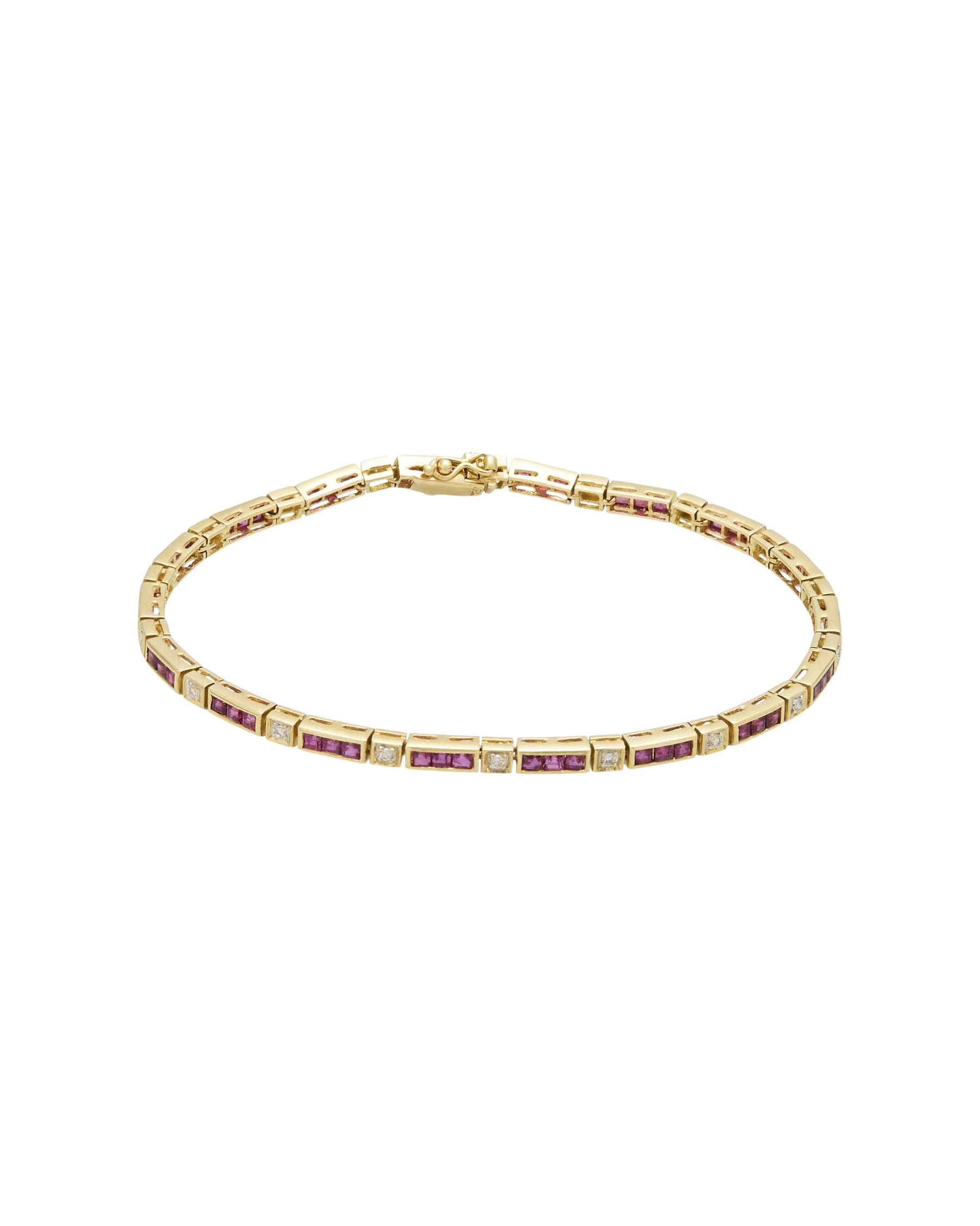 Bracciale tennis oro giallo con rubini carré e diamanti-1