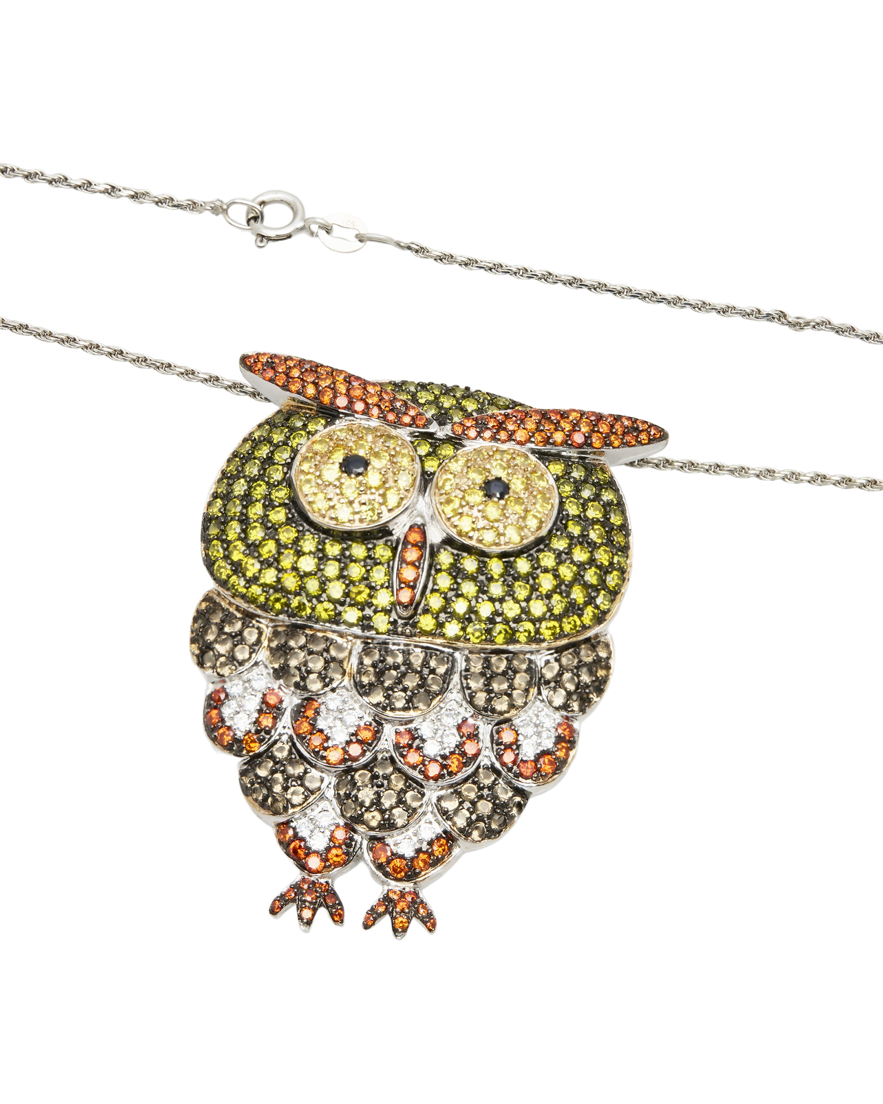 Collana torchon con ciondolo gufo big e zirconie colorate in argento-2