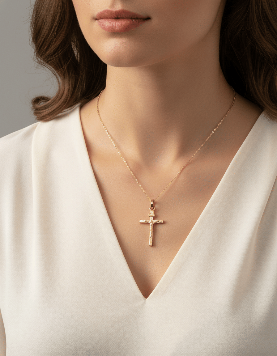 Ciondolo croce inri con gesu in oro giallo e ricami-3