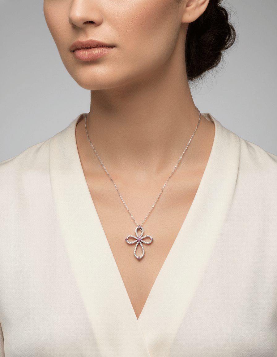 Ciondolo croce in oro bianco diamanti e spinelli rosa-3