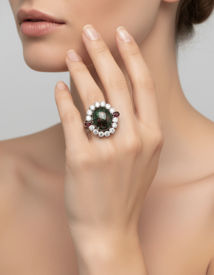 Anello repossi con opale arcobaleno cabochon centrale circondato da diamanti e rubini a goccia laterali-4