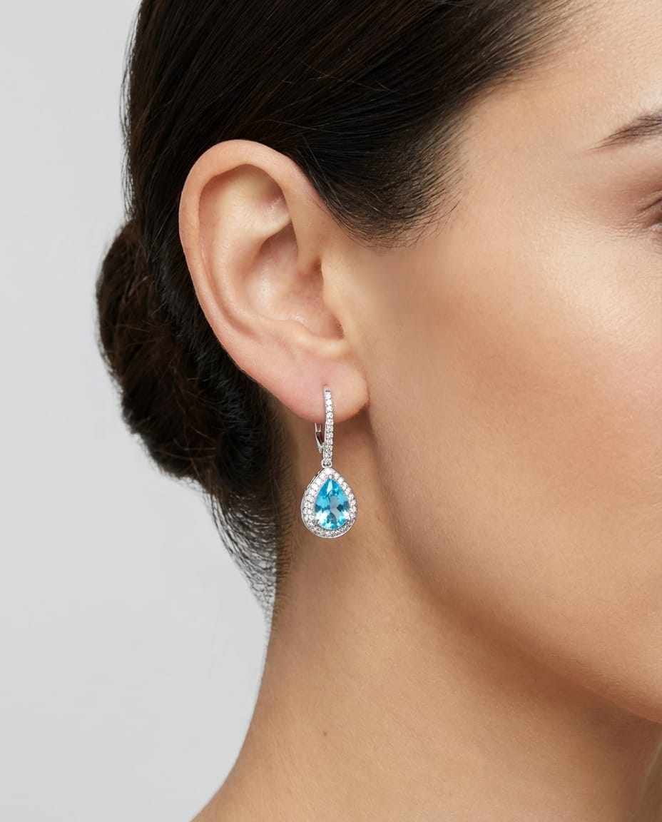 Orecchini oro bianco diamanti e topazi a goccia-3