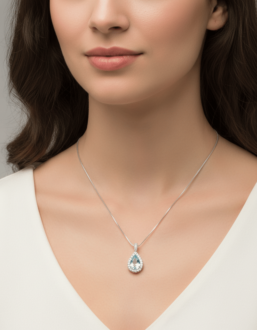 Catenina veneziana in oro bianco con ciondolo a goccia acquamarina e diamanti-3