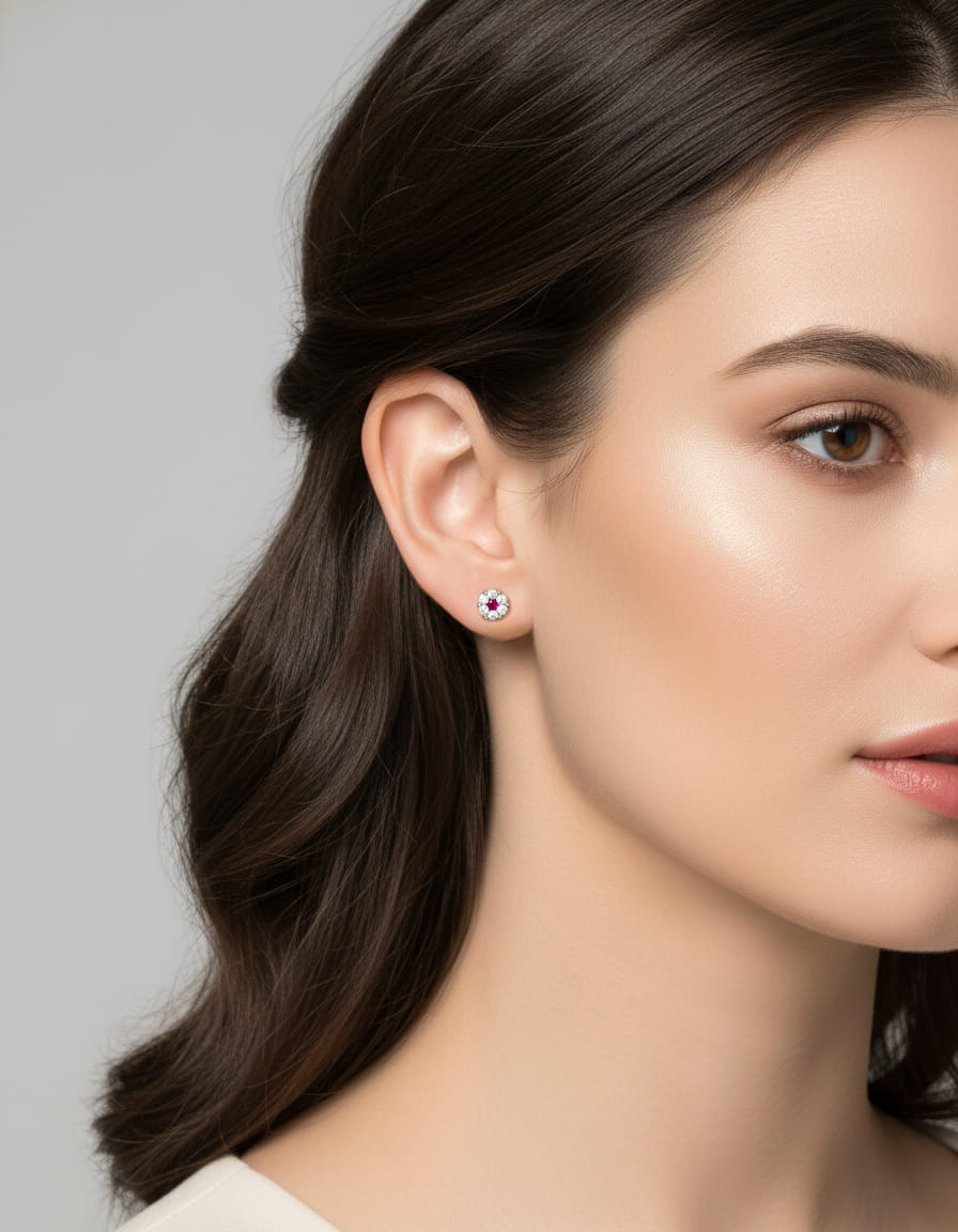 Orecchini fiore tondo in oro bianco con giro di diamanti e rubini centrali-3