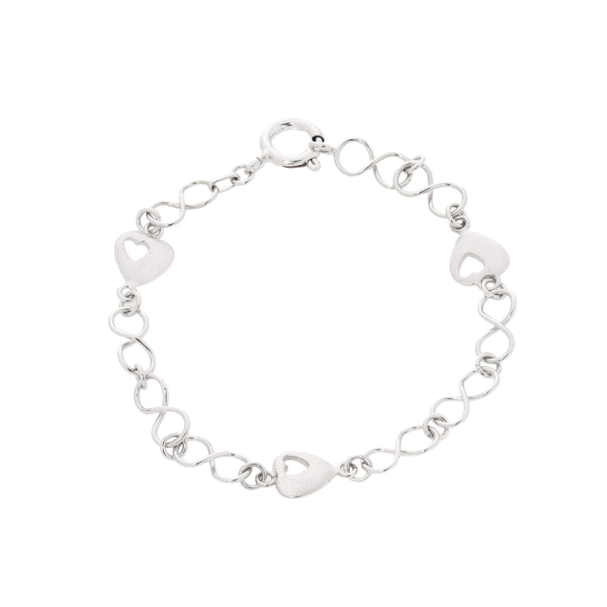 Bracciale in oro bianco con cuori satinati e maglia dell'infinito-1