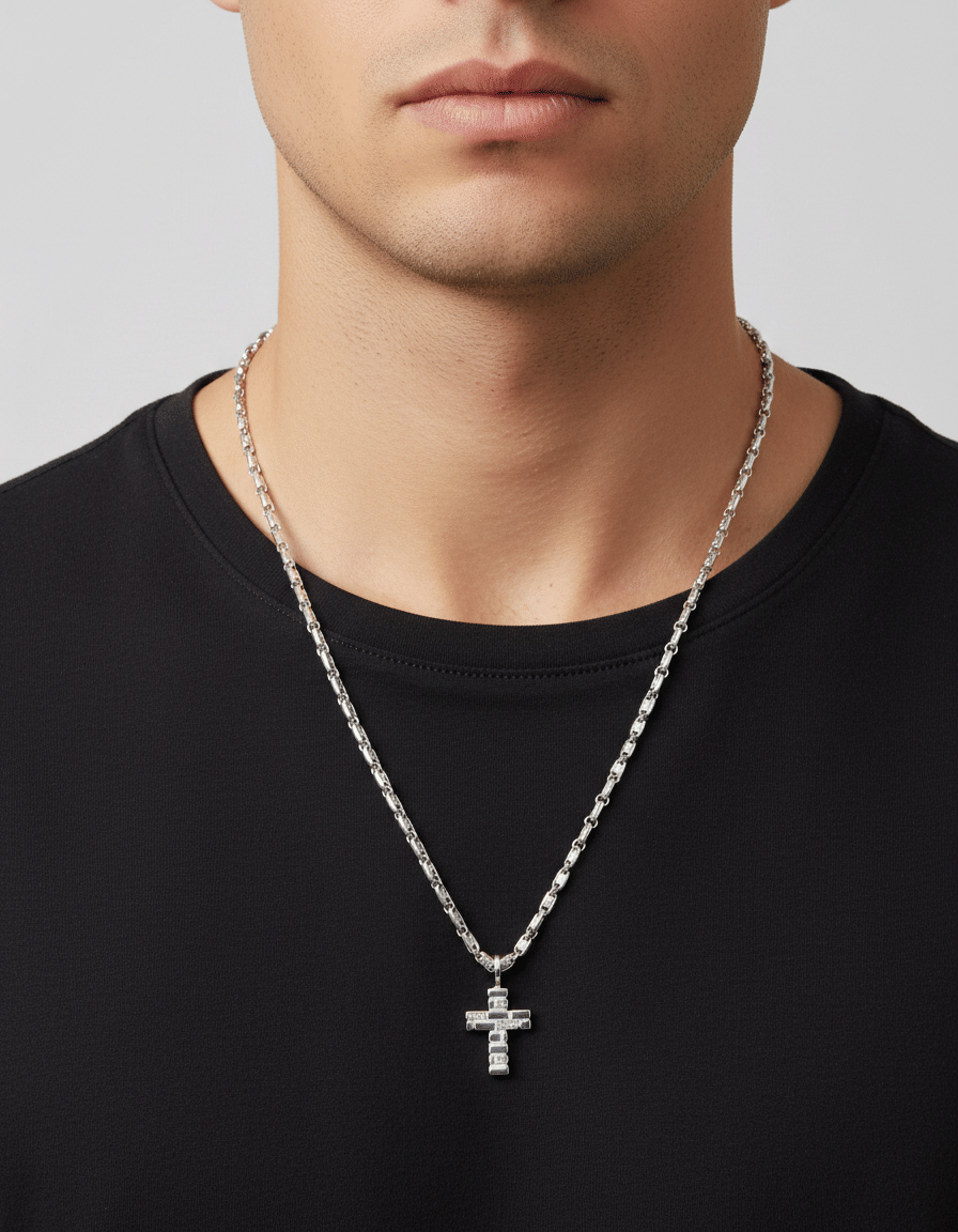 Collana zancan con ciondolo a croce in oro bianco e diamanti-3