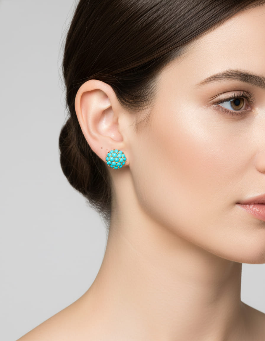 Orecchini a clip in oro giallo, oro bianco e turchesi cabochon-3