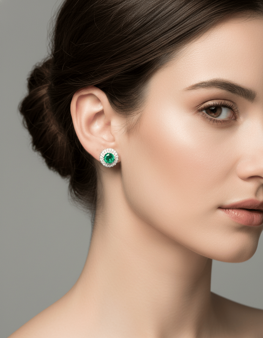 Orecchini con smeraldo centrale e doppio giro di diamanti-3