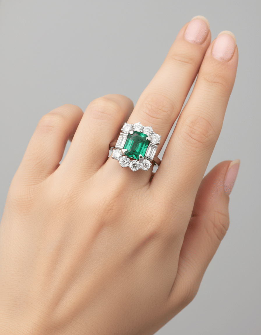 Anello in oro bianco con smeraldo centrale 2,80 e diamanti di contorno-5