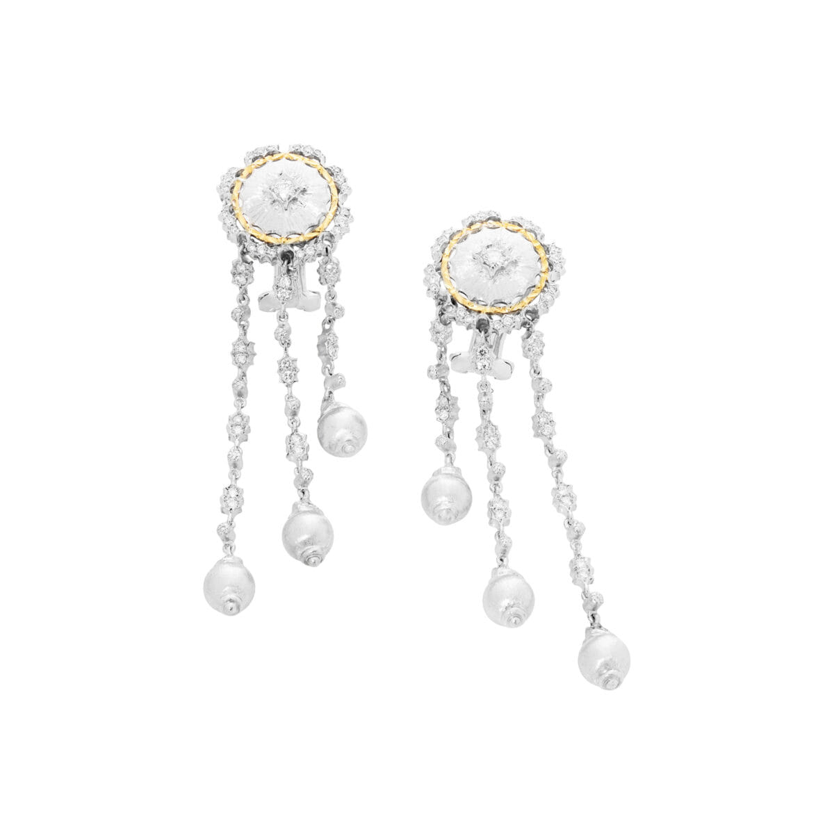 Orecchini pendenti in oro bianco satinato e oro giallo con diamanti-1