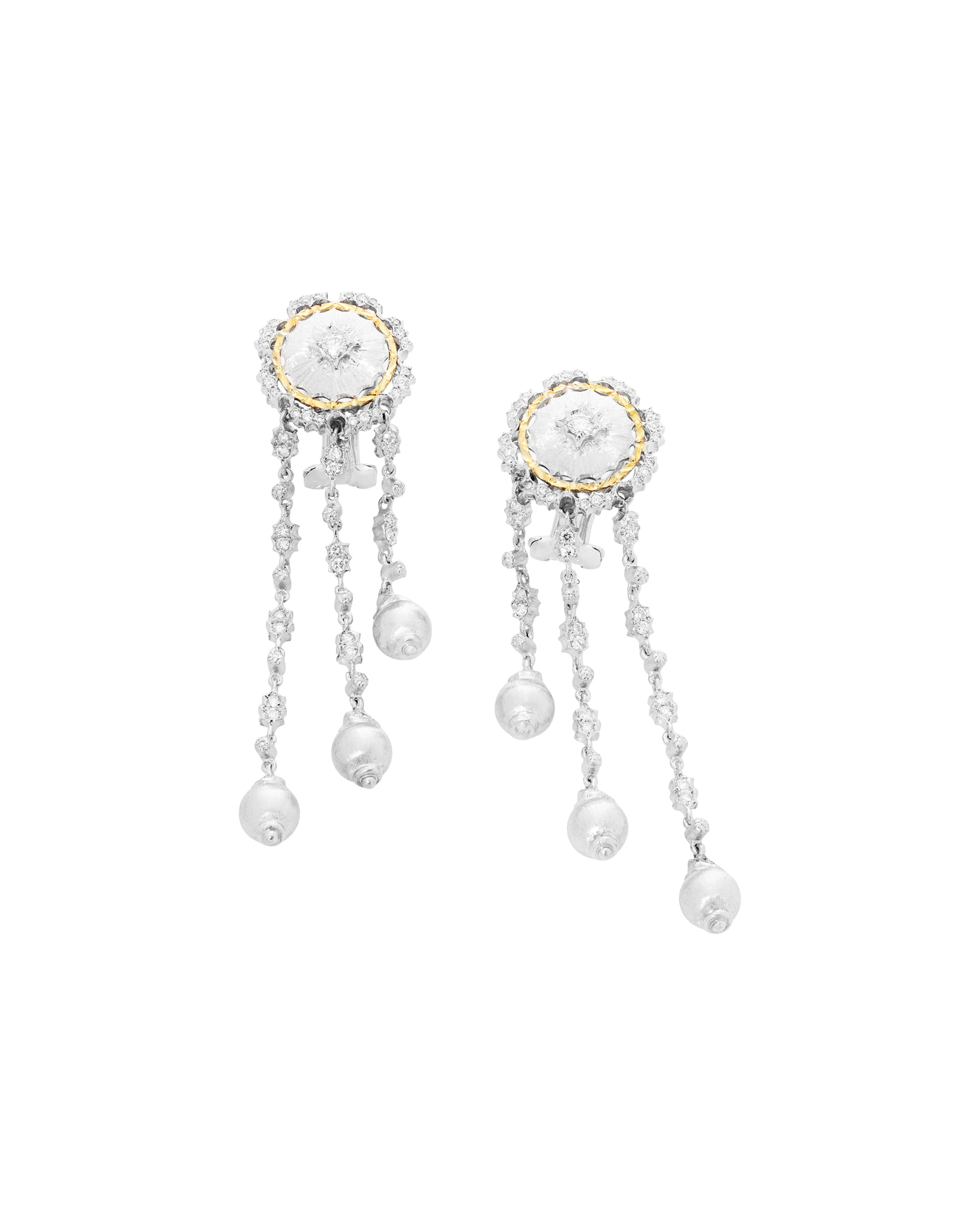 Orecchini pendenti in oro bianco satinato e oro giallo con diamanti-1