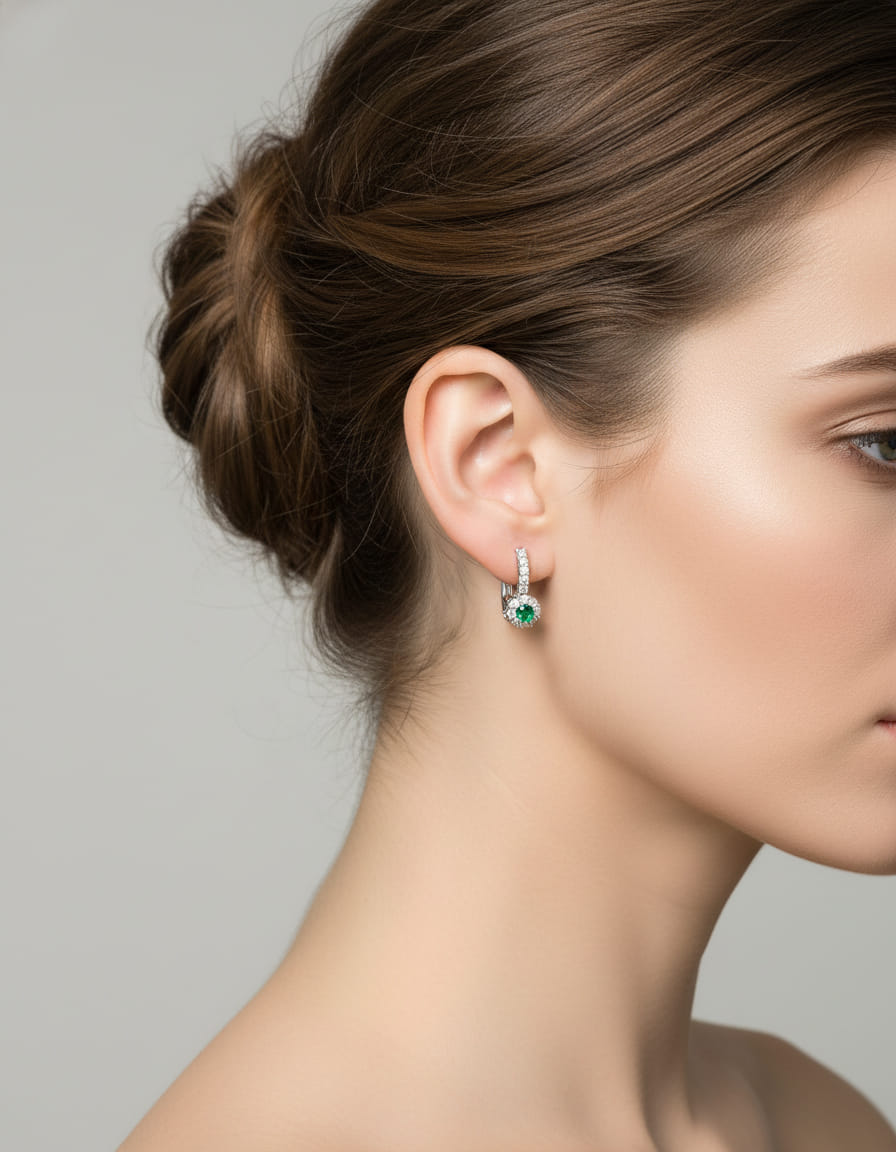 Orecchini a clip a fiore in oro bianco con diamanti e smeraldi-3