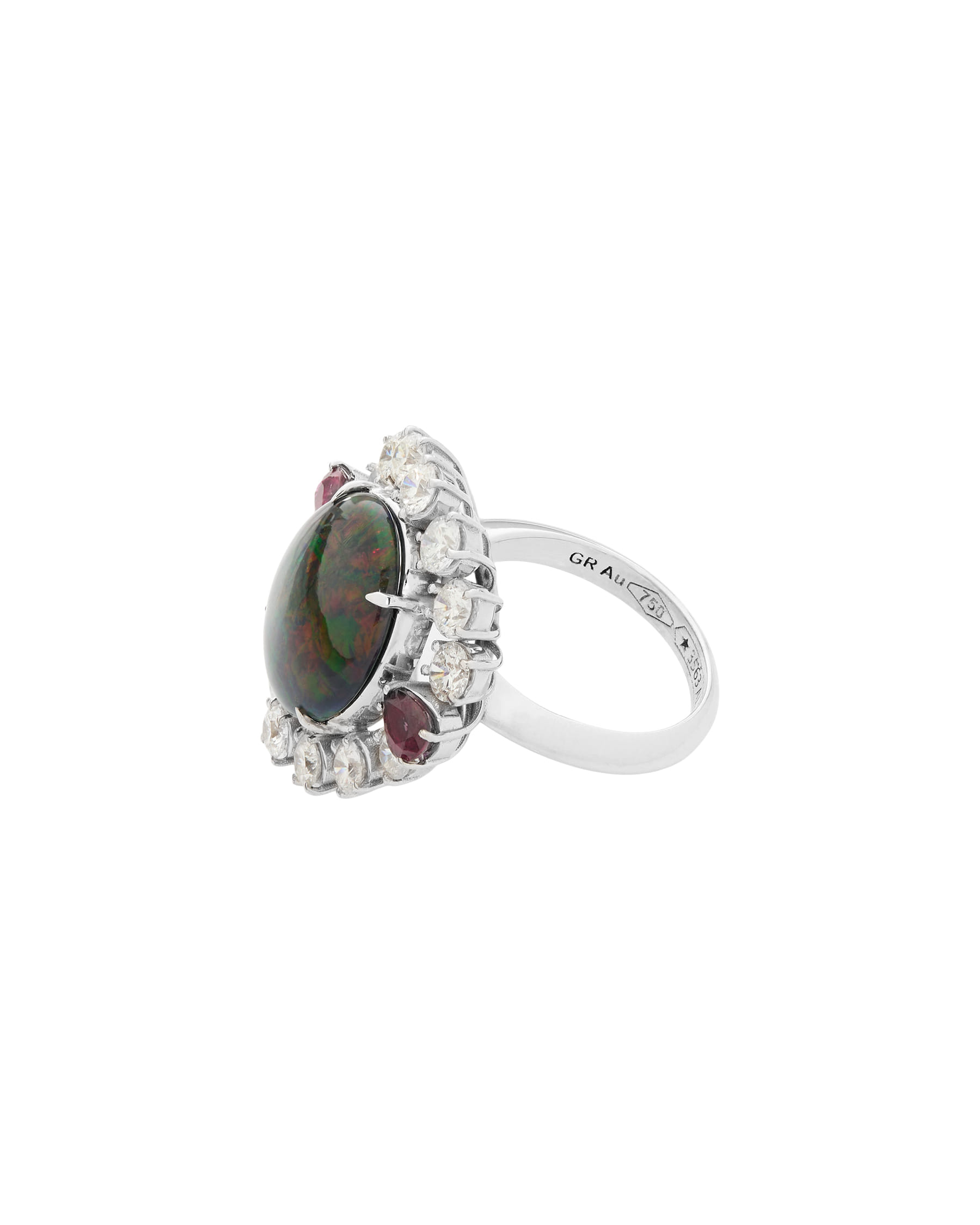 Anello repossi con opale arcobaleno cabochon centrale circondato da diamanti e rubini a goccia laterali-2