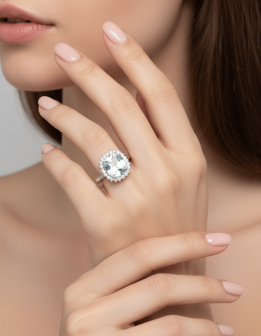 Anello oro bianco, diamanti e acquamarina taglio cuscino centrale-4