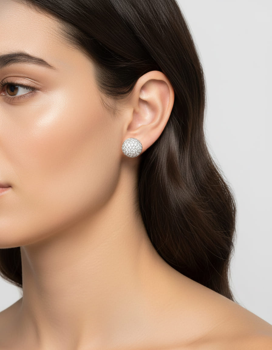 Orecchini al lobo semisferici in oro bianco con pavé di diamanti-3