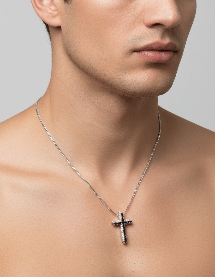 Collana in oro bianco con doppia croce in diamanti bianchi e neri-3