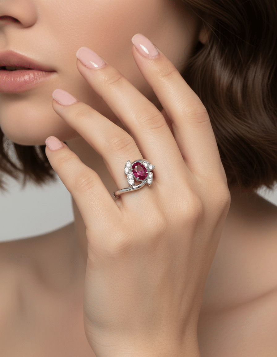 Anello oro bianco con rubino centrale e diamanti laterali-4