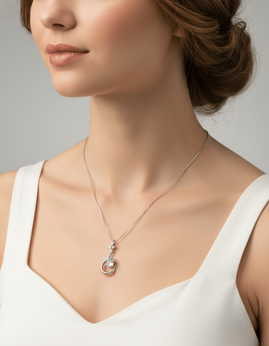 Catenina in oro bianco con ciondolo ondulato di diamanti e acquamarina ovale-3